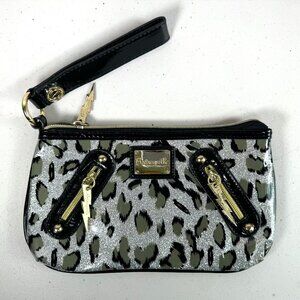 BETSEY JOHNSON Betseyville Patent Silver Sparkle Animal Print Lightning Wristlet